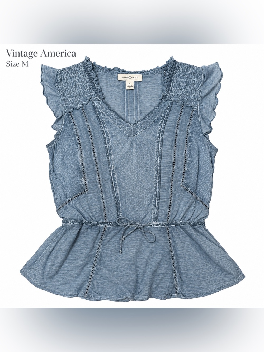 Vintage America Light Chambray V-Neck Ruffle Tie-Waist Top